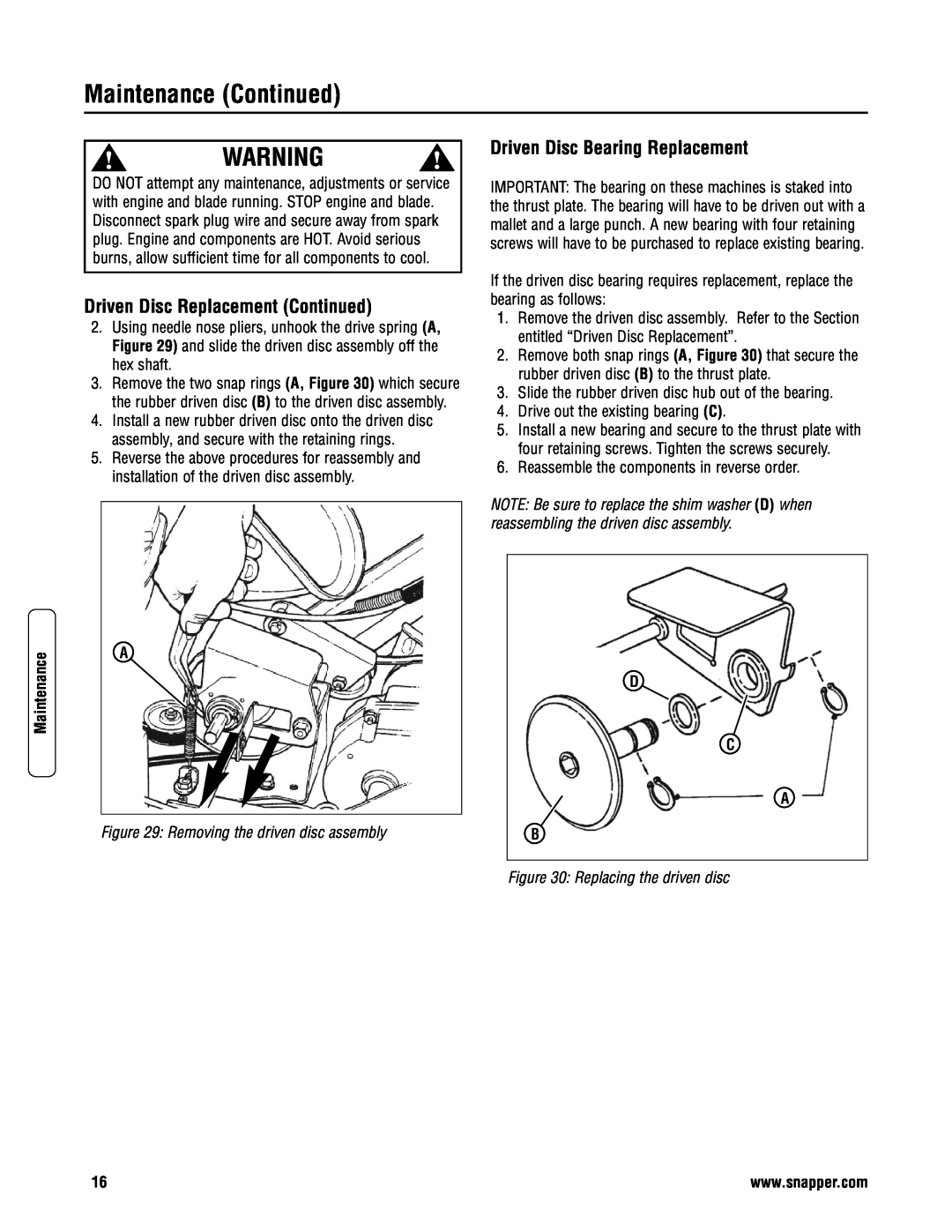 Snapper RP2187520BV (7800425) Driven Disc Replacement Continued, Driven Disc Bearing Replacement, Maintenance Continued 