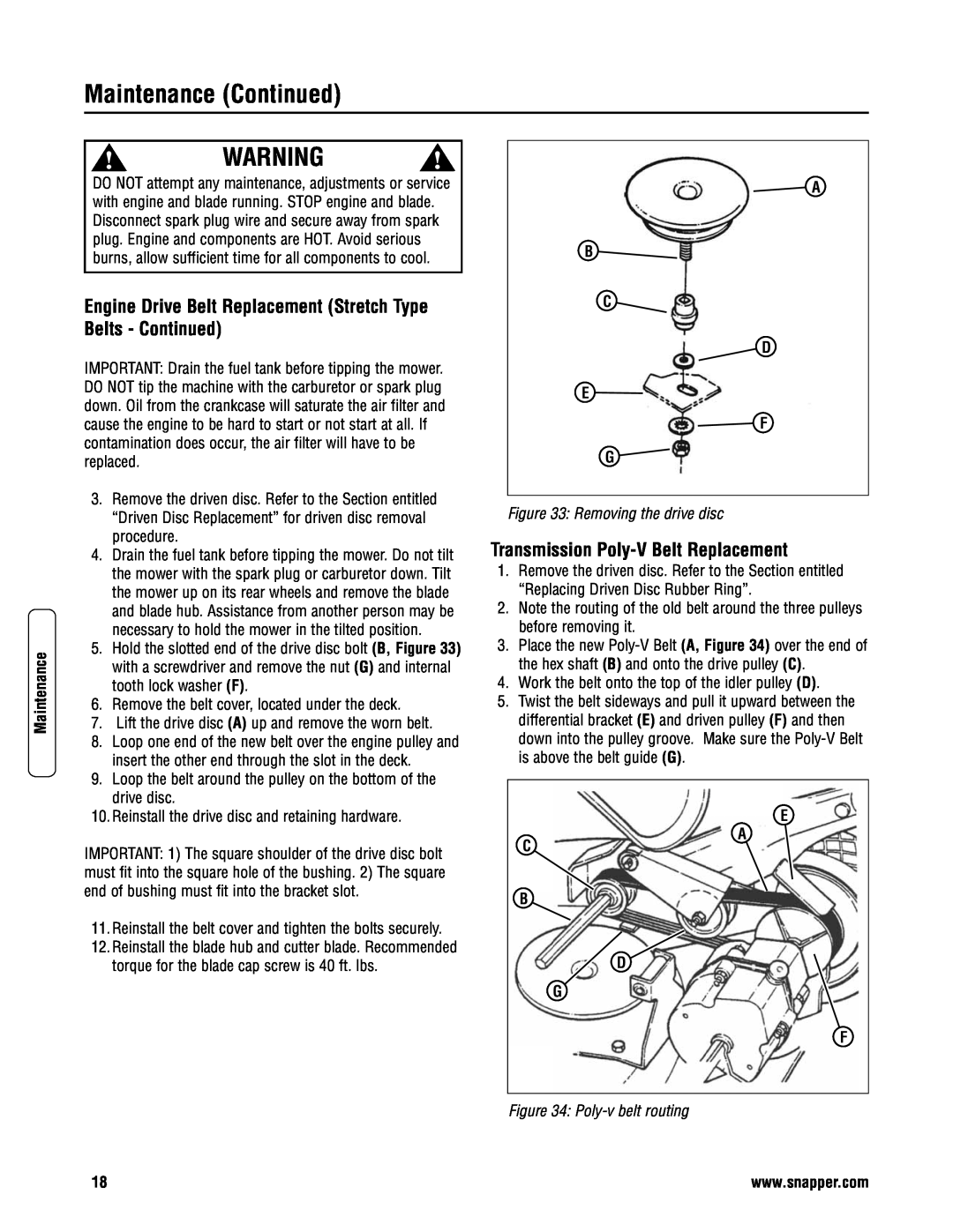 Snapper 2167520B (7800428) Engine Drive Belt Replacement Stretch Type Belts - Continued, Maintenance Continued 