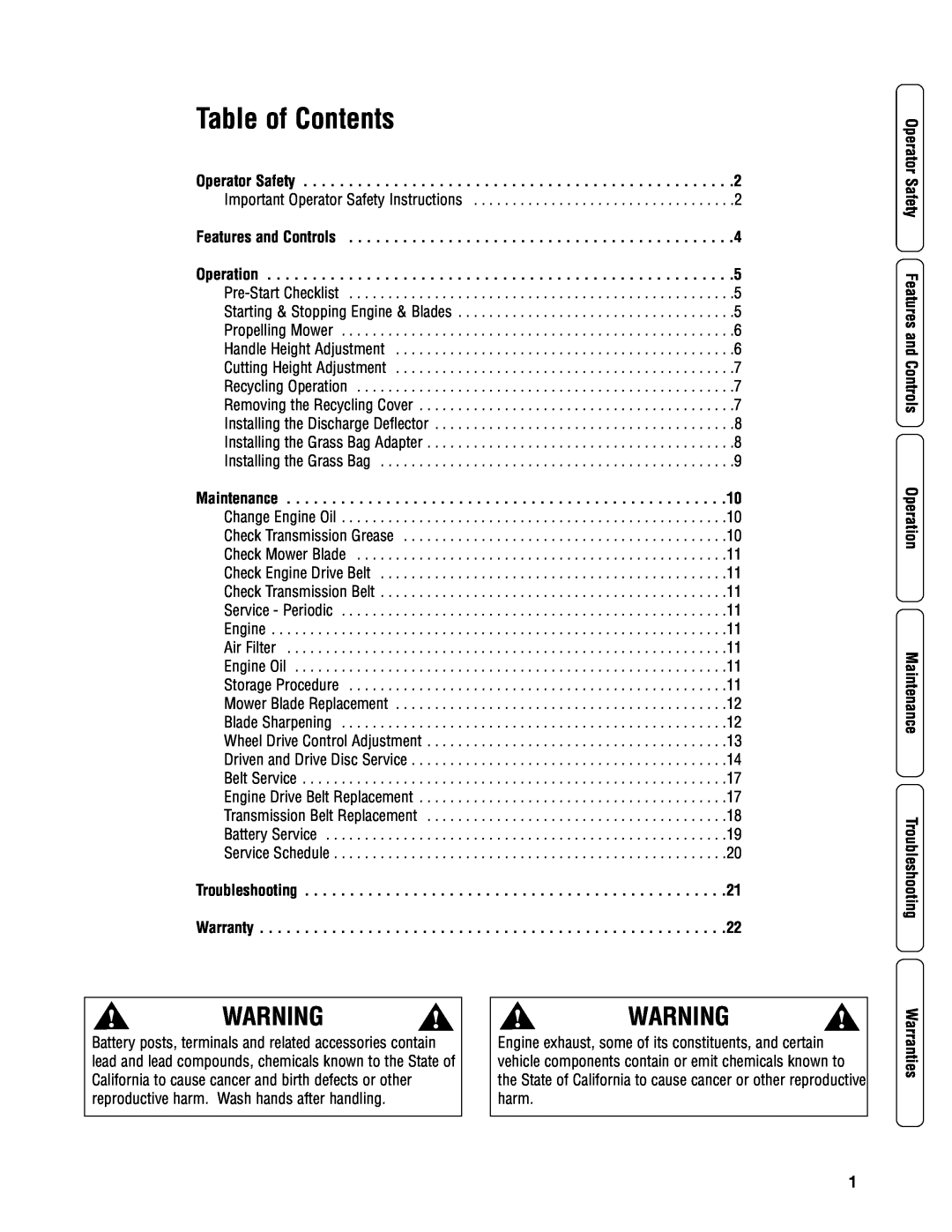 Snapper P2187520BV (7800430) Table of Contents, Operator Safety, Features and Controls Operation, Maintenance 