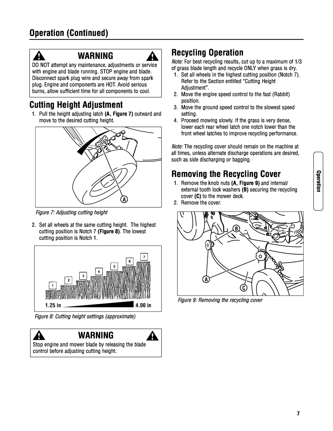 Snapper RP217020BDV (7800424) specifications Cutting Height Adjustment, Recycling Operation, Removing the Recycling Cover 