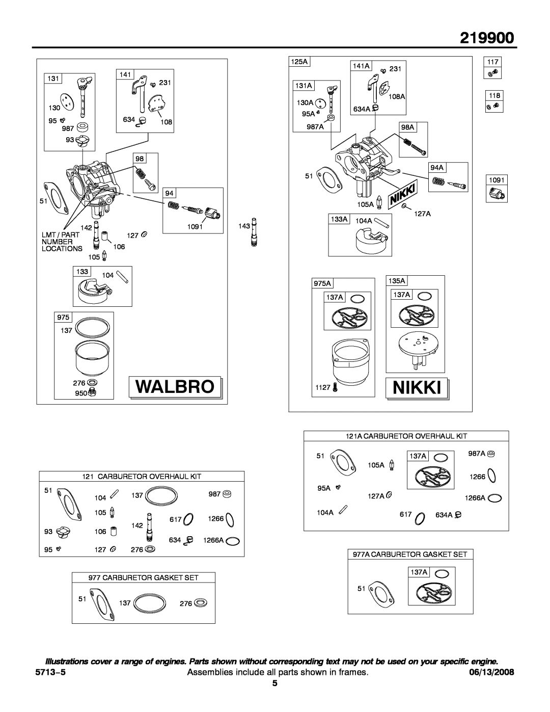 Snapper 219900 service manual Nikki, 5713−5, Walbro, Assemblies include all parts shown in frames, 06/13/2008 