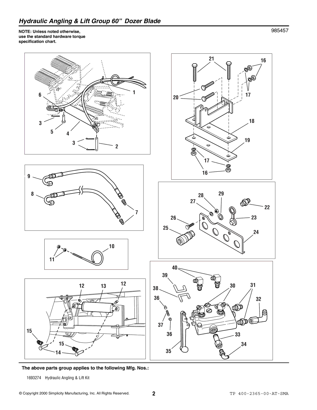 Snapper 2365 manual 985457, 105, 145, Above parts group applies to the following Mfg. Nos 