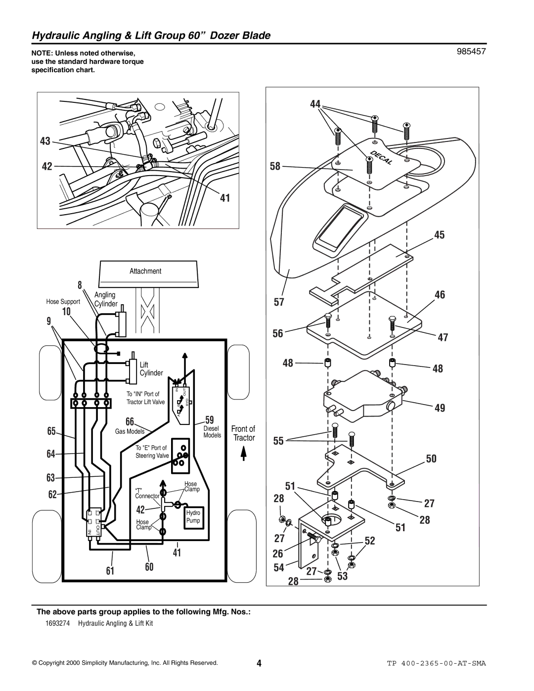 Snapper 2365 manual Attachment, Angling Cylinder Lift 