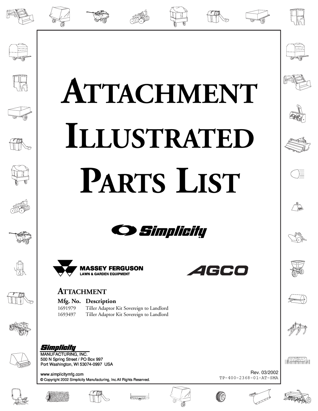 Snapper manual TP-400-2368-01-AT-SMA, Attachment Illustrated Parts List, Mfg. No. Description 