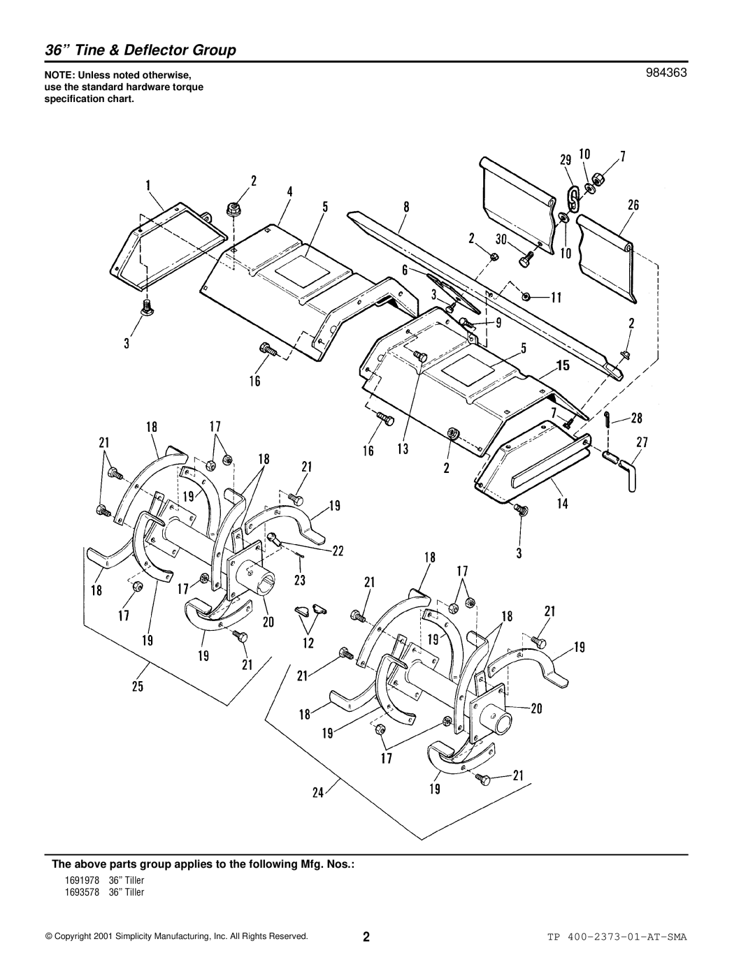 Snapper 2373 manual Tine & Deflector Group, 984363 