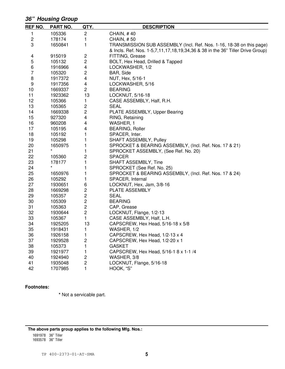 Snapper 2373 manual LOCKWASHER, 1/2, LOCKWASHER, 5/16, Bearing, Seal, Spacer, Plate Assembly, Gasket, WASHER, 3/8, Hook, S 