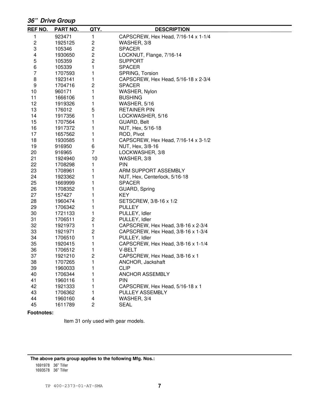 Snapper 2373 manual Bushing, Retainer PIN, LOCKWASHER, 3/8, ARM Support Assembly, Pulley, Belt, Clip, Anchor Assembly 