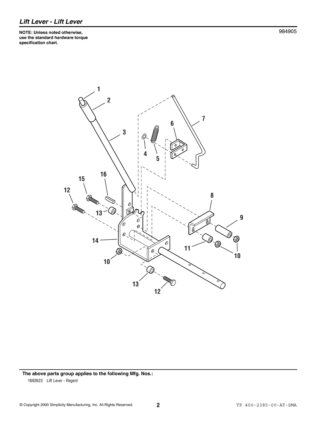 Snapper 2385 manual Lift Lever Lift Lever, Above parts group applies to the following Mfg. Nos 