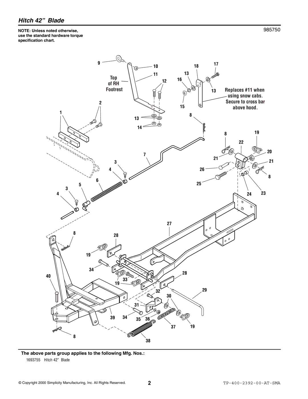 Snapper 2392 manual 1018 1113, Above parts group applies to the following Mfg. Nos 