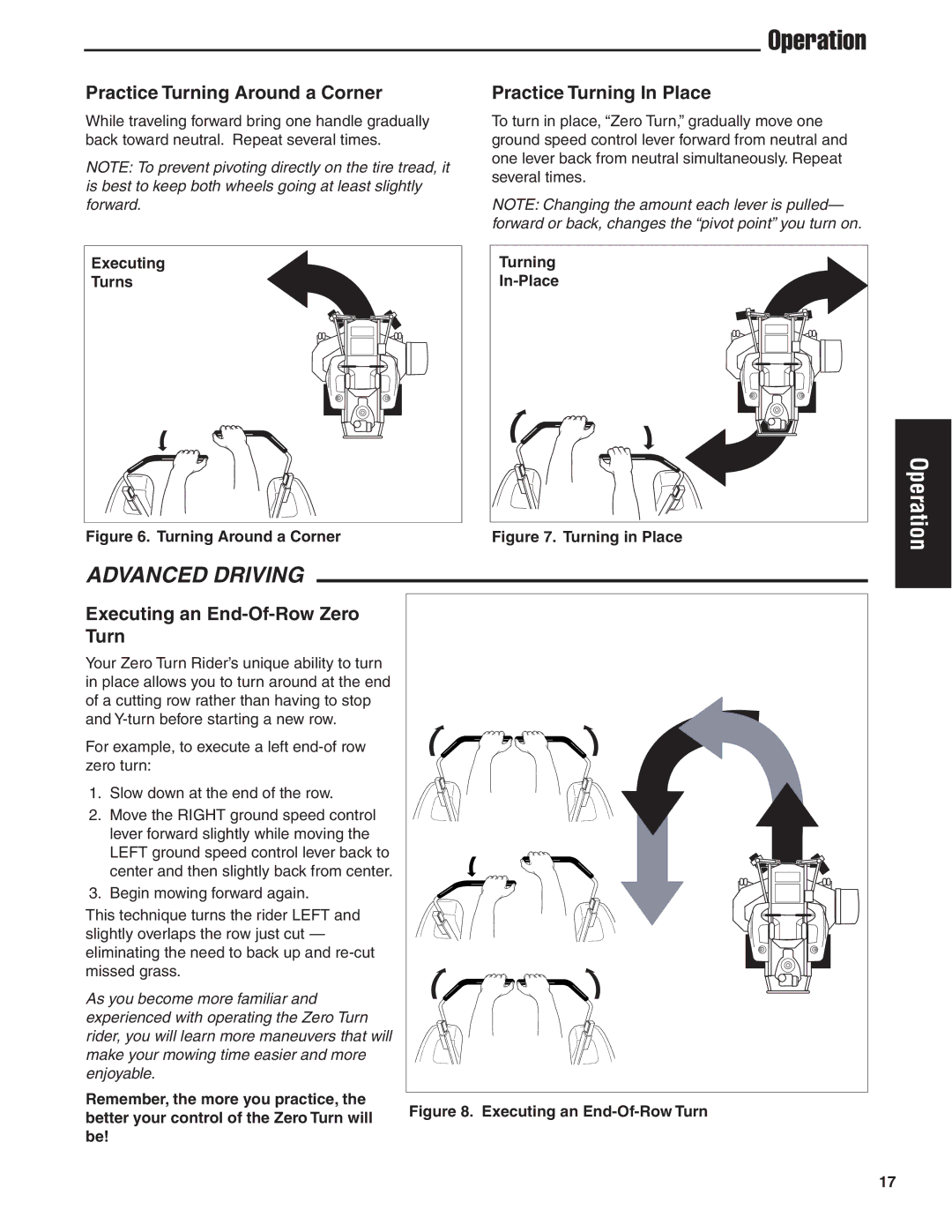 Snapper 24 HP manual Practice Turning Around a Corner, Executing an End-Of-Row Zero Turn, Executing Turns 