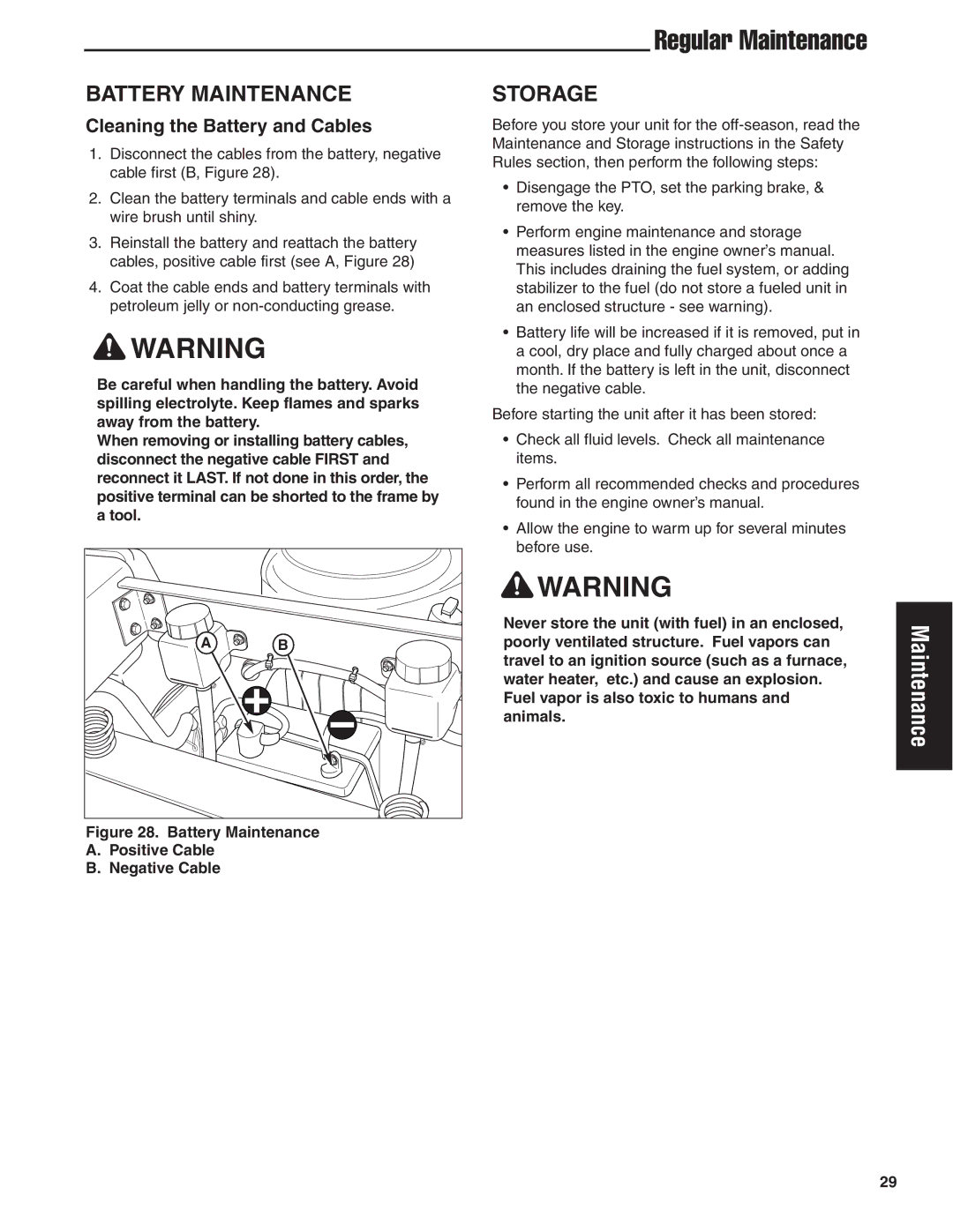 Snapper 24 HP manual Battery Maintenance, Storage, Cleaning the Battery and Cables 