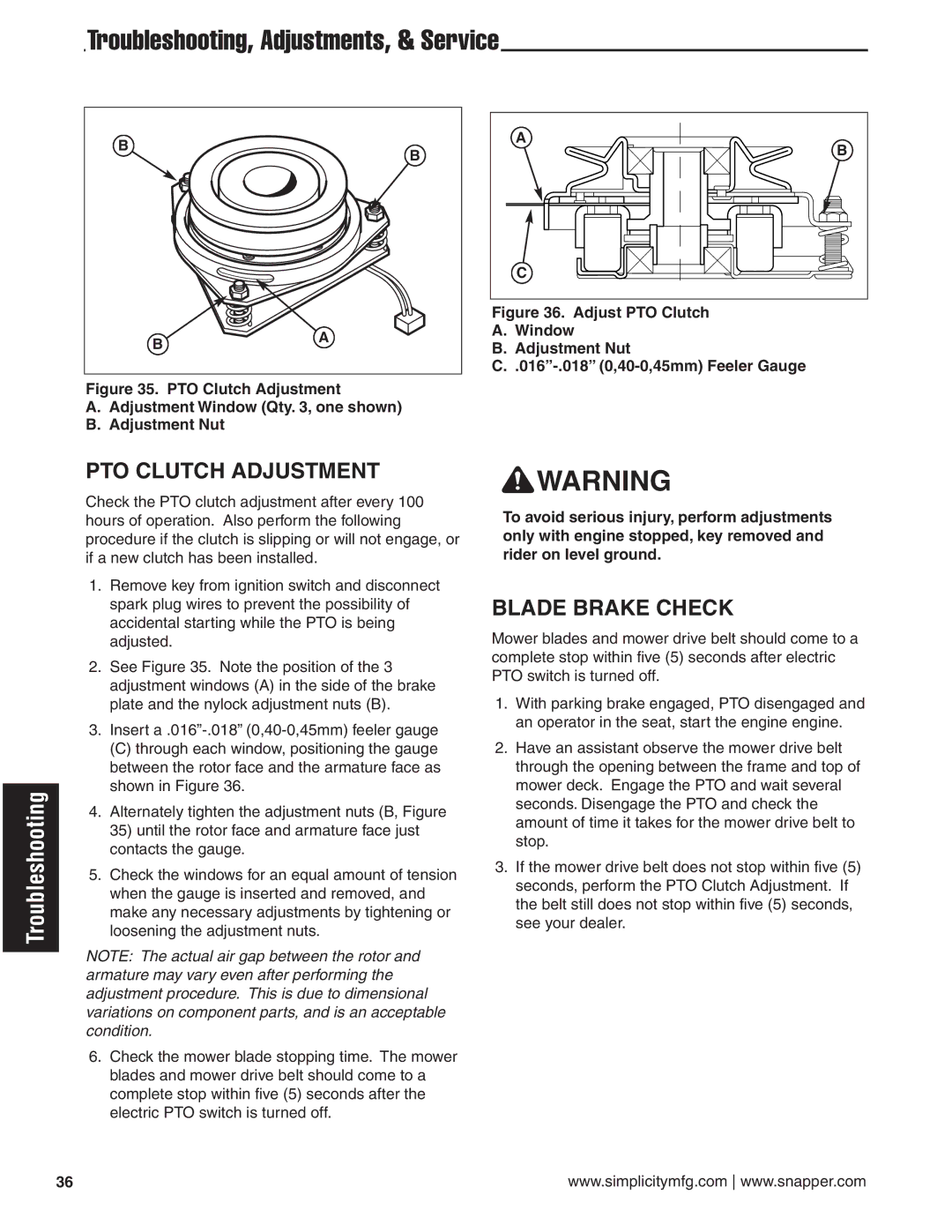 Snapper 24 HP manual PTO Clutch Adjustment, Blade Brake Check 