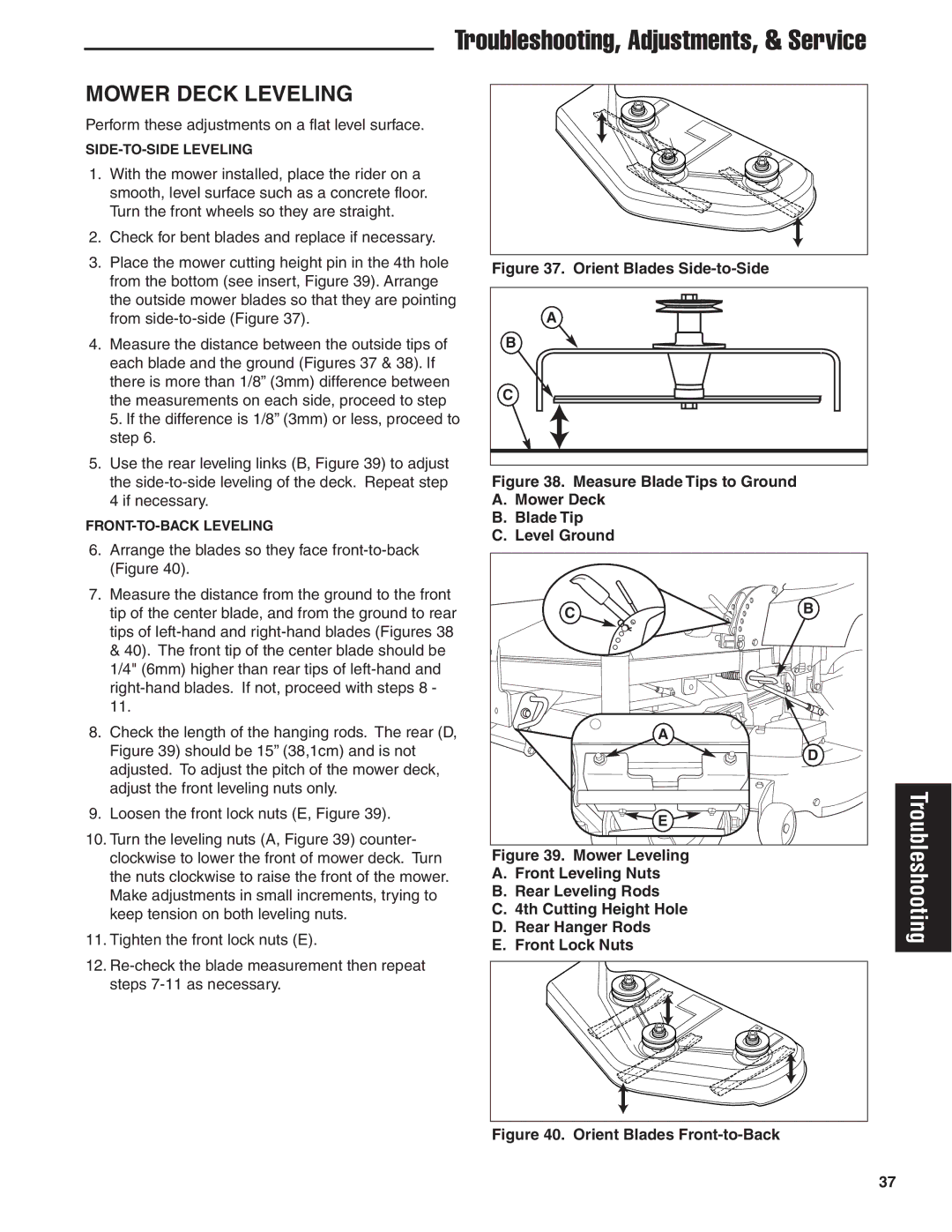 Snapper 24 HP manual Mower Deck Leveling, Orient Blades Side-to-Side 