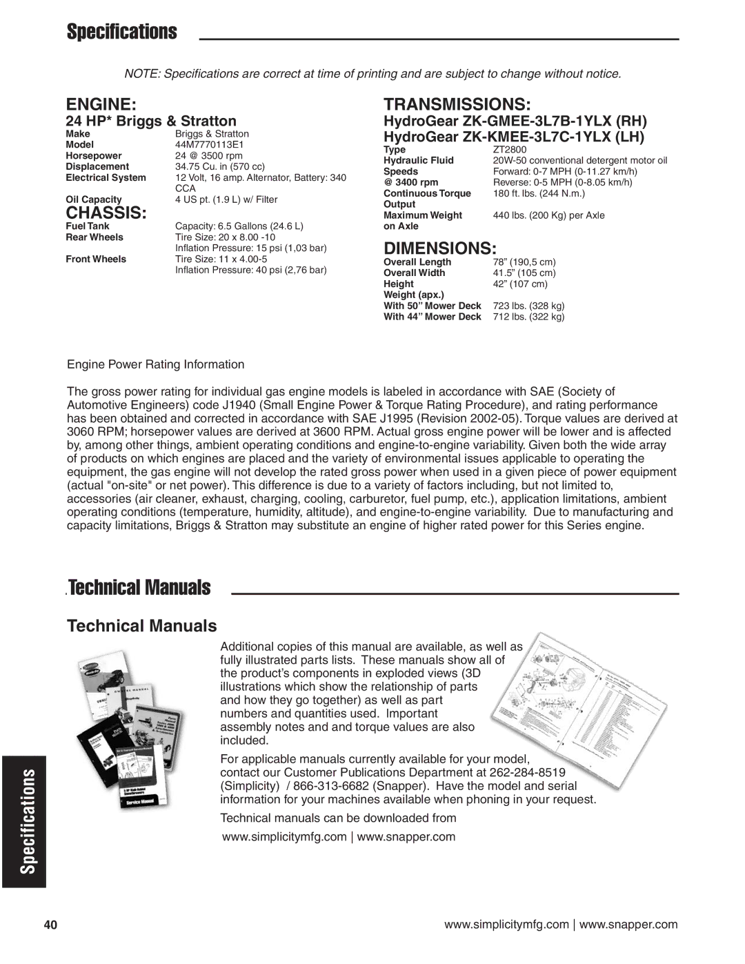 Snapper 24 HP manual Specifications, Technical Manuals 