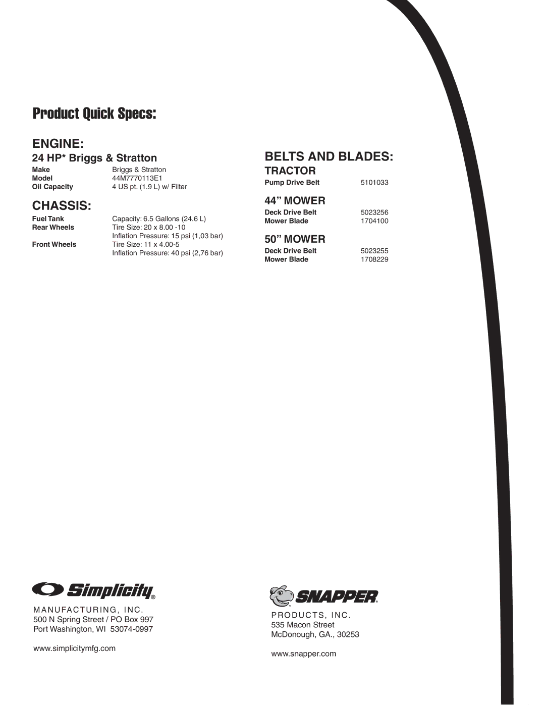 Snapper 24 HP manual Product Quick Specs, Belts and Blades Tractor 