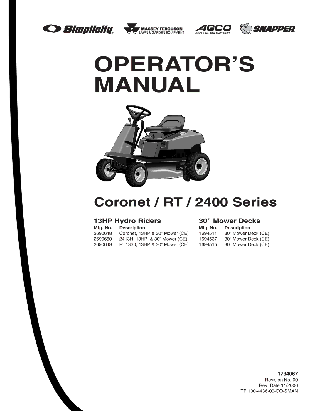 Snapper 2400 Series manual OPERATOR’S Manual, 13HP Hydro Riders Mower Decks 