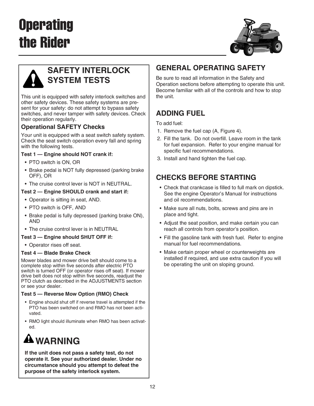 Snapper 2400 Series manual General Operating Safety, Adding Fuel, Checks Before Starting, Operational Safety Checks 