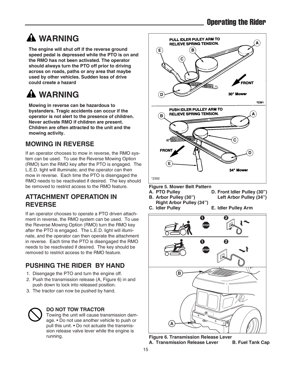 Snapper 2400 Series manual Mowing in Reverse, Attachment Operation in Reverse, Pushing the Rider by Hand 