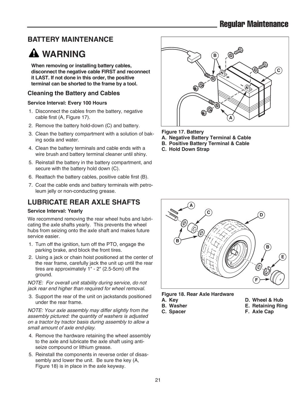 Snapper 2400 Series manual Battery Maintenance, Lubricate Rear Axle Shafts, Cleaning the Battery and Cables 