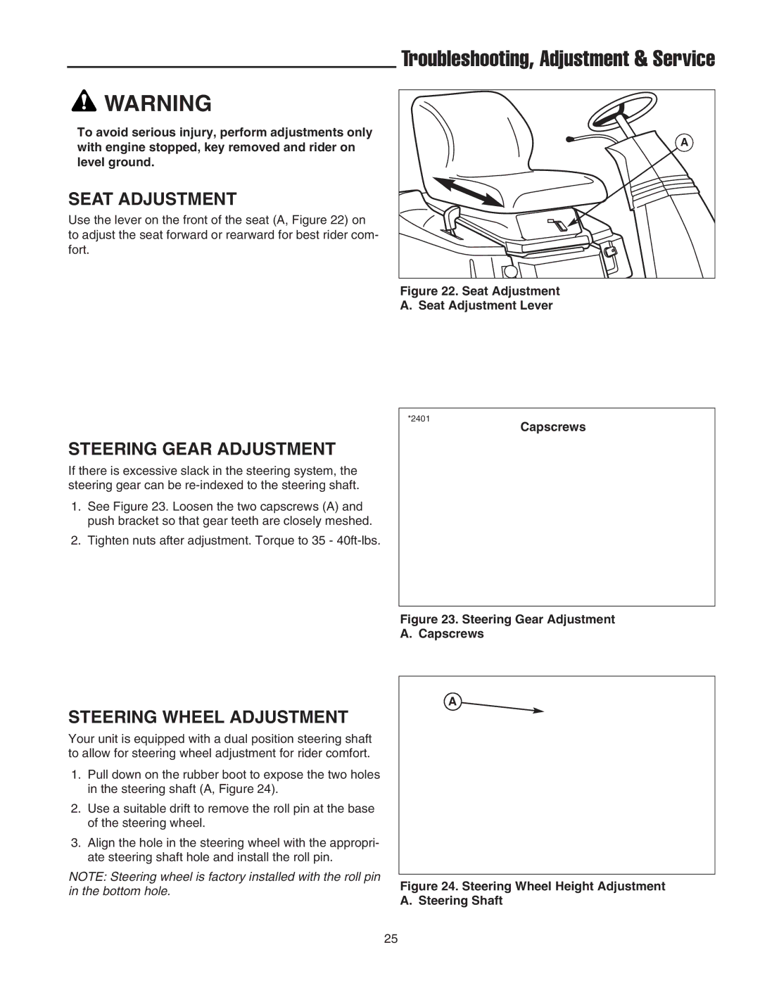 Snapper 2400 Series manual Seat Adjustment, Steering Gear Adjustment, Steering Wheel Adjustment 