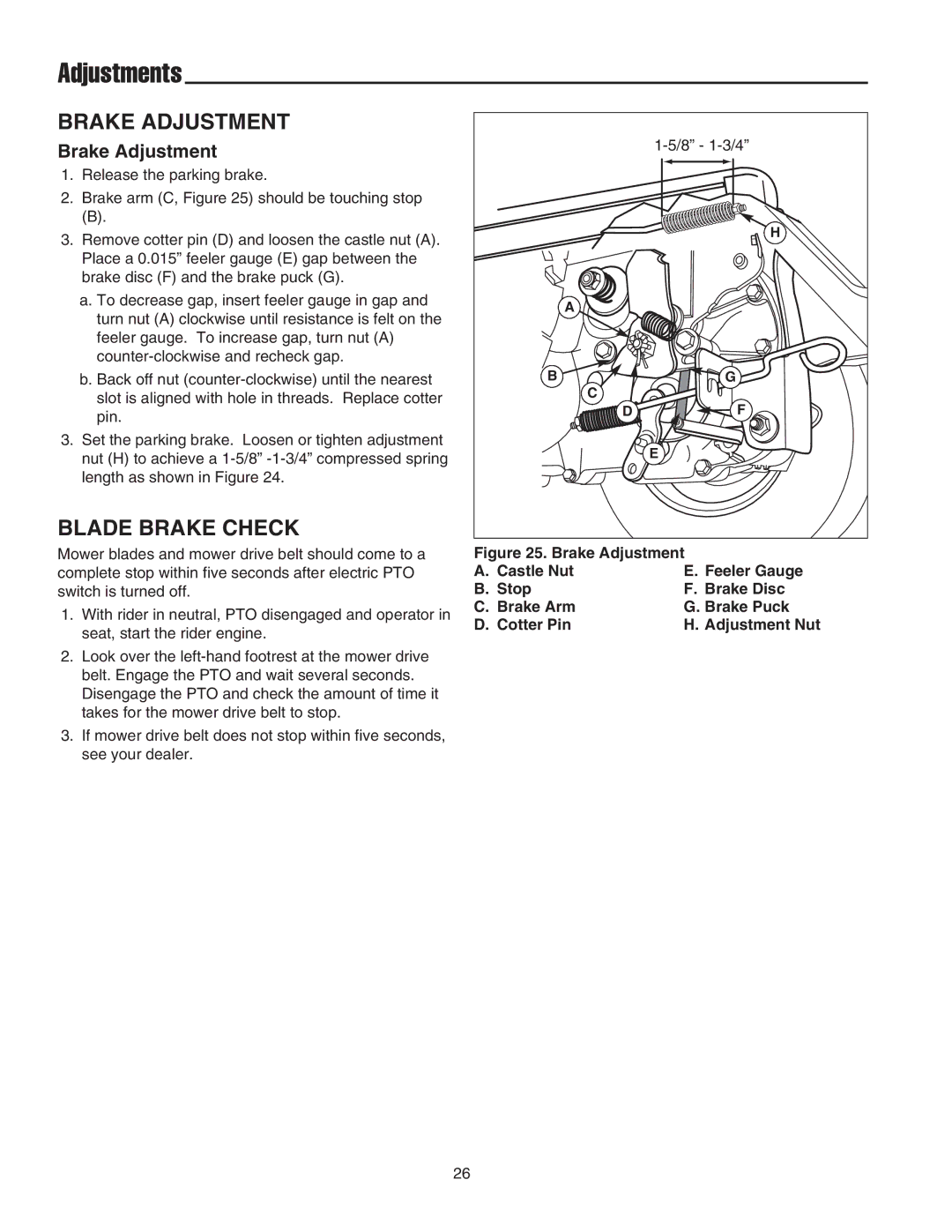 Snapper 2400 Series manual Adjustments, Brake Adjustment, Blade Brake Check 