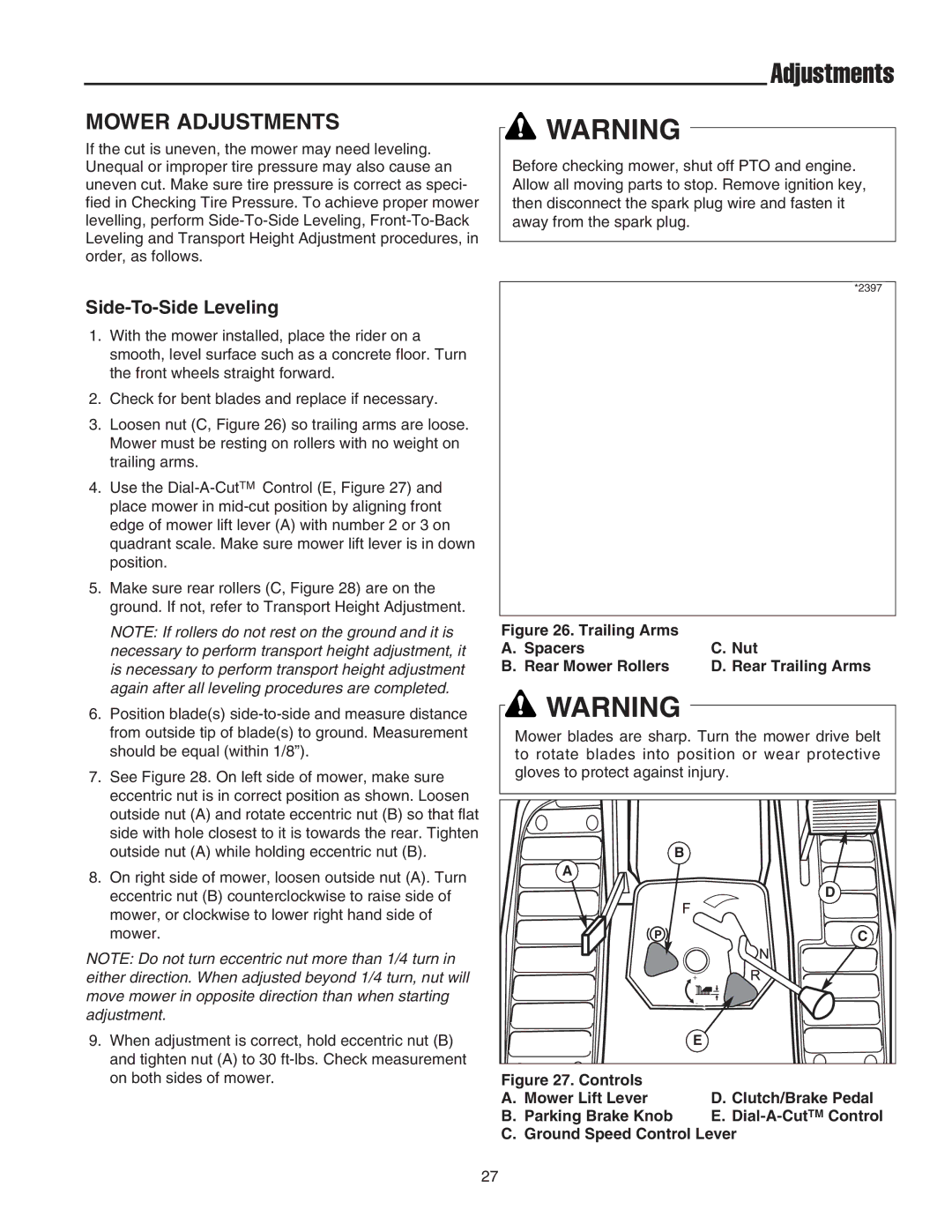 Snapper 2400 Series manual Mower Adjustments, Side-To-Side Leveling 