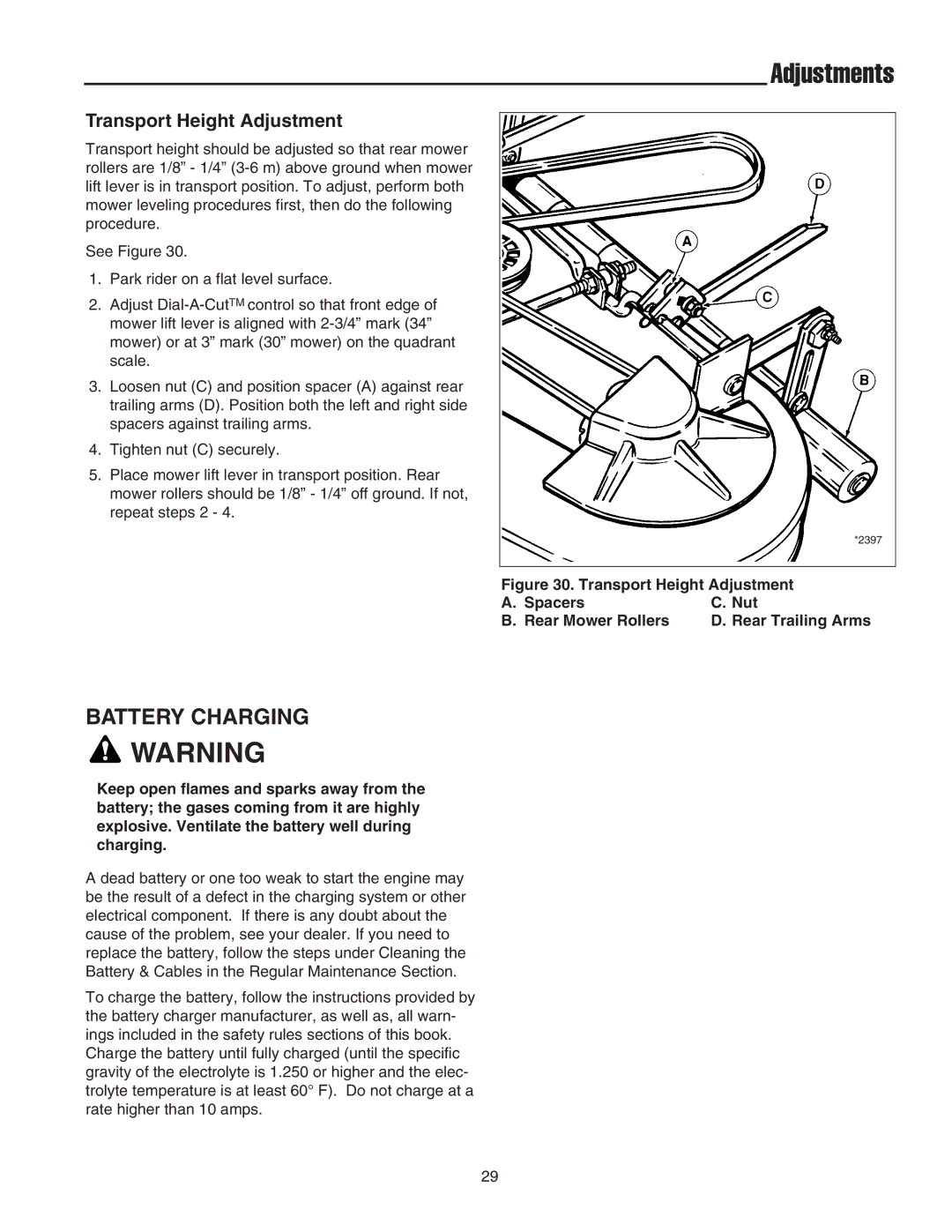 Snapper 2400 Series manual Battery Charging, Transport Height Adjustment 