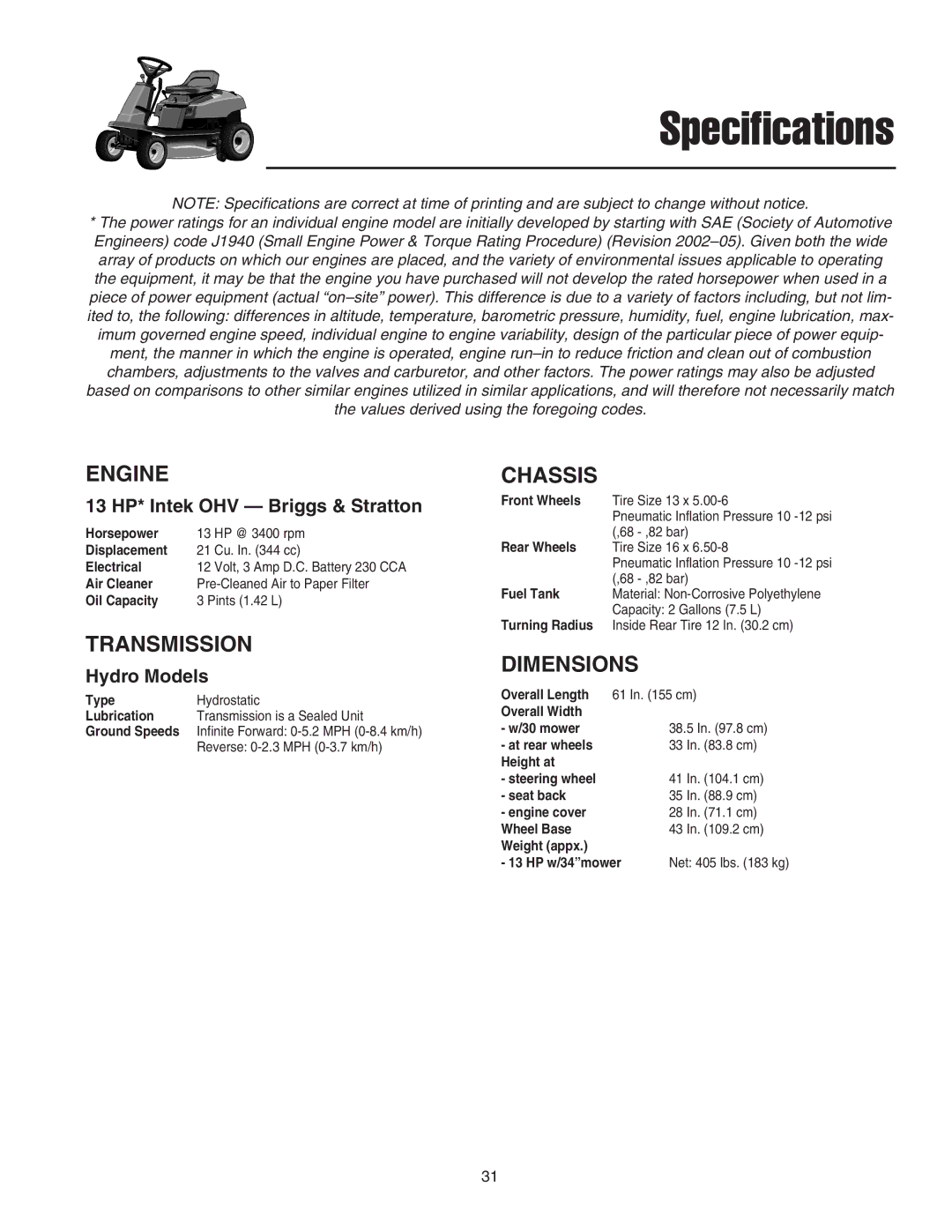 Snapper 2400 Series manual Engine, Chassis, Transmission, Dimensions 