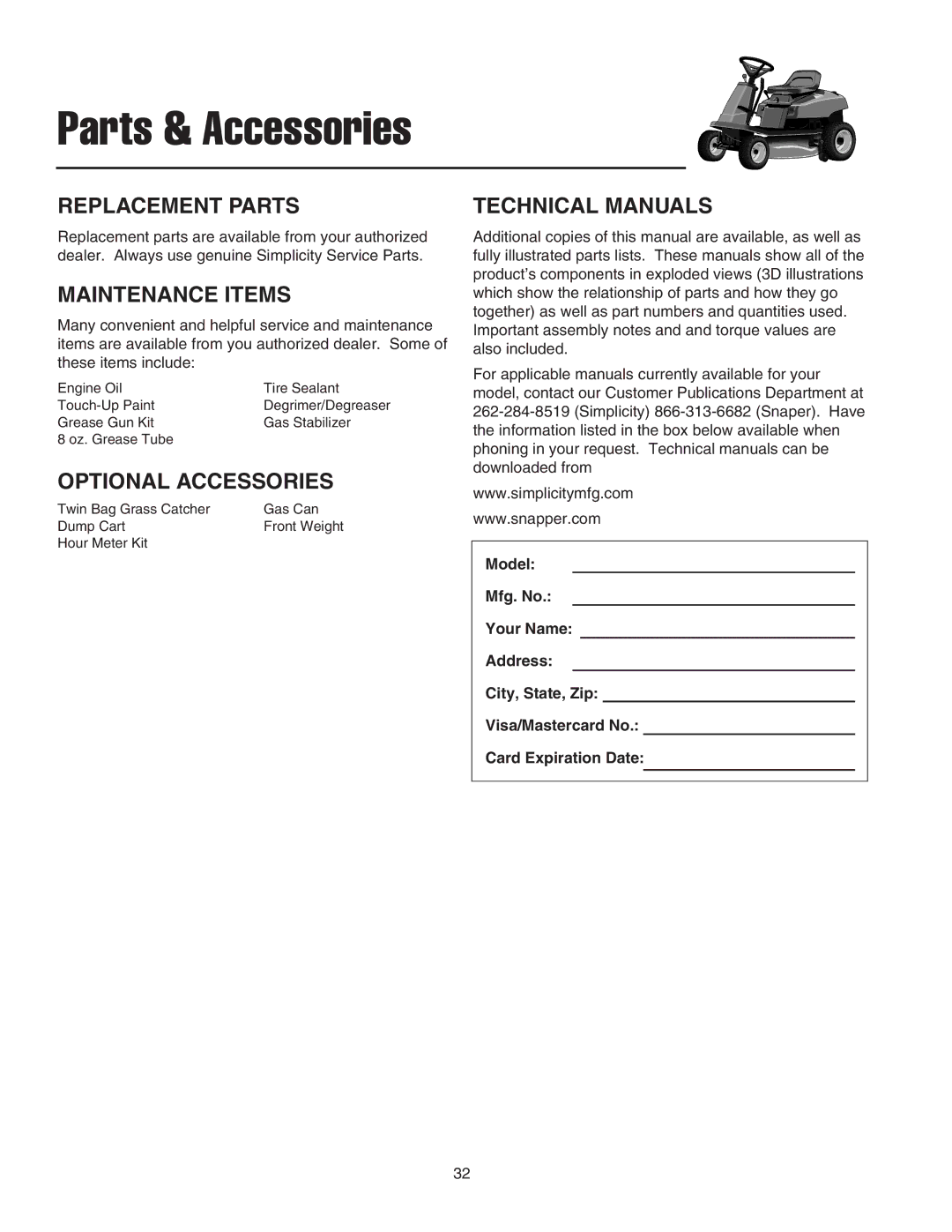 Snapper 2400 Series manual Replacement Parts, Maintenance Items, Optional Accessories, Technical Manuals 