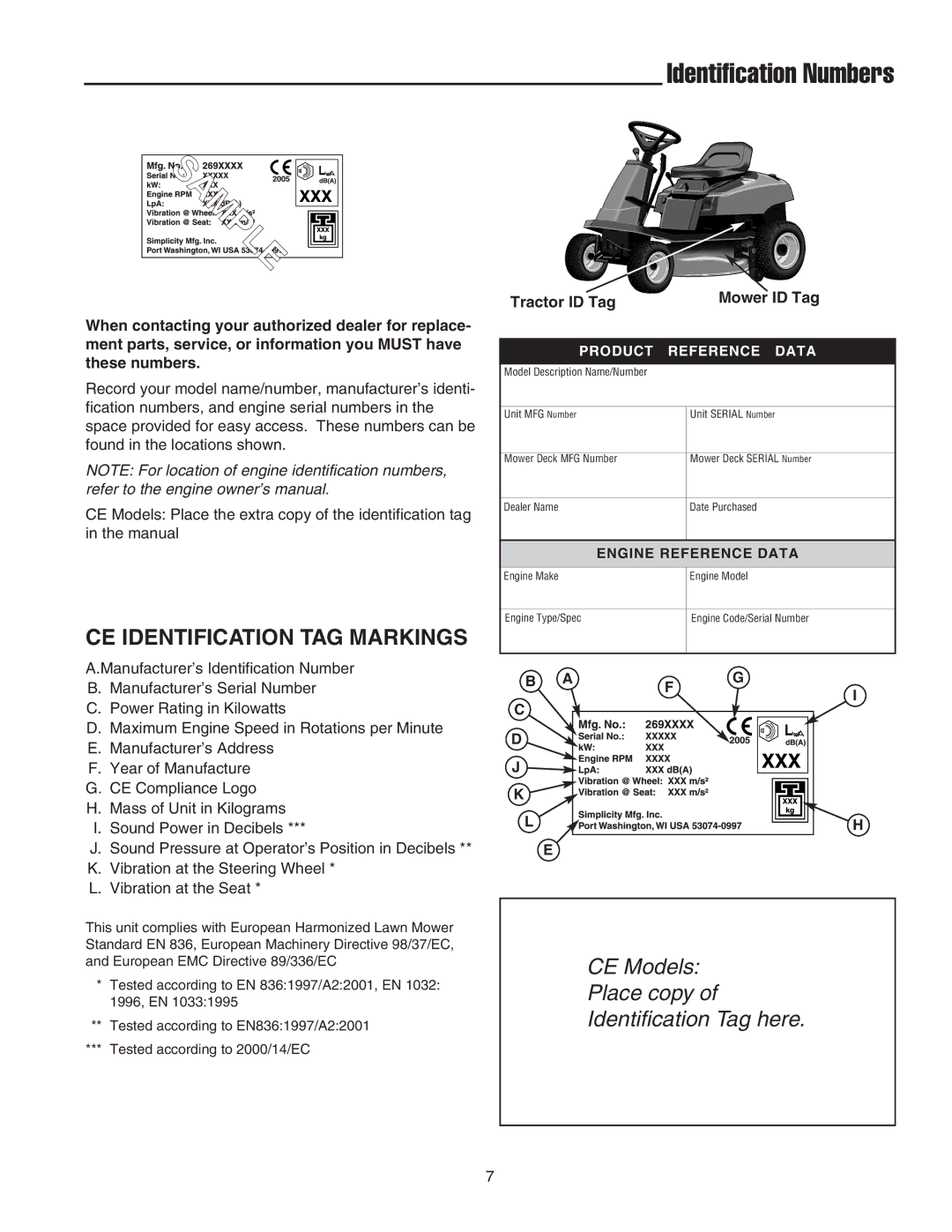 Snapper 2400 Series manual Identification Numbers, CE Identification TAG Markings 