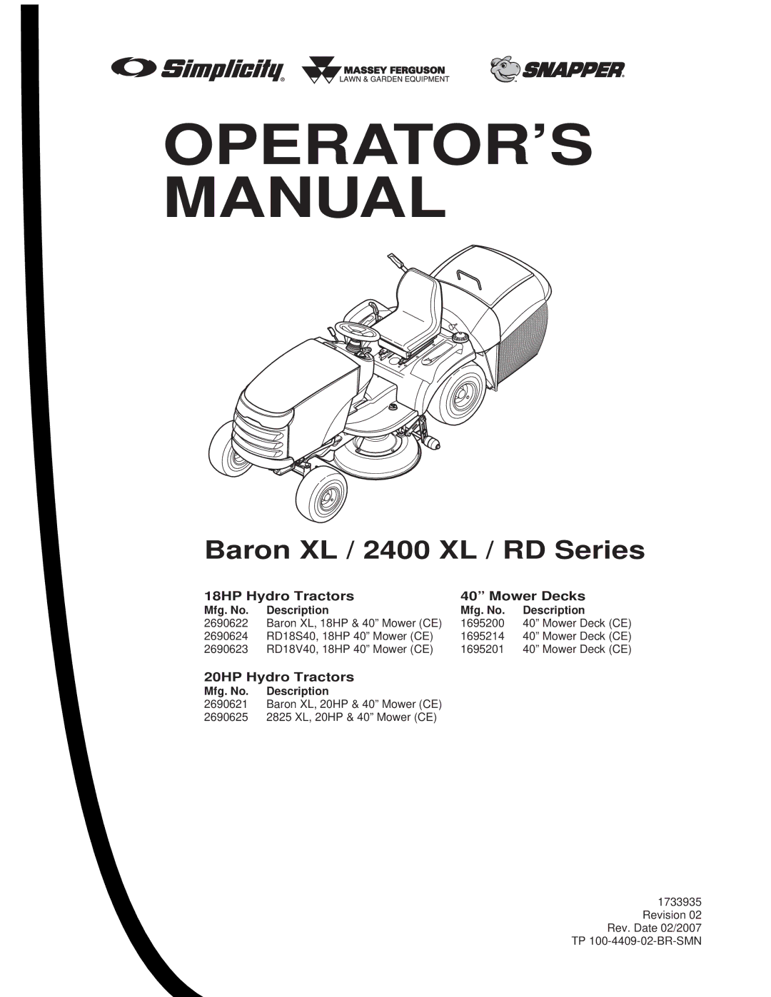 Snapper RD Series, 2400 XL Series manual 18HP Hydro Tractors Mower Decks, 20HP Hydro Tractors 