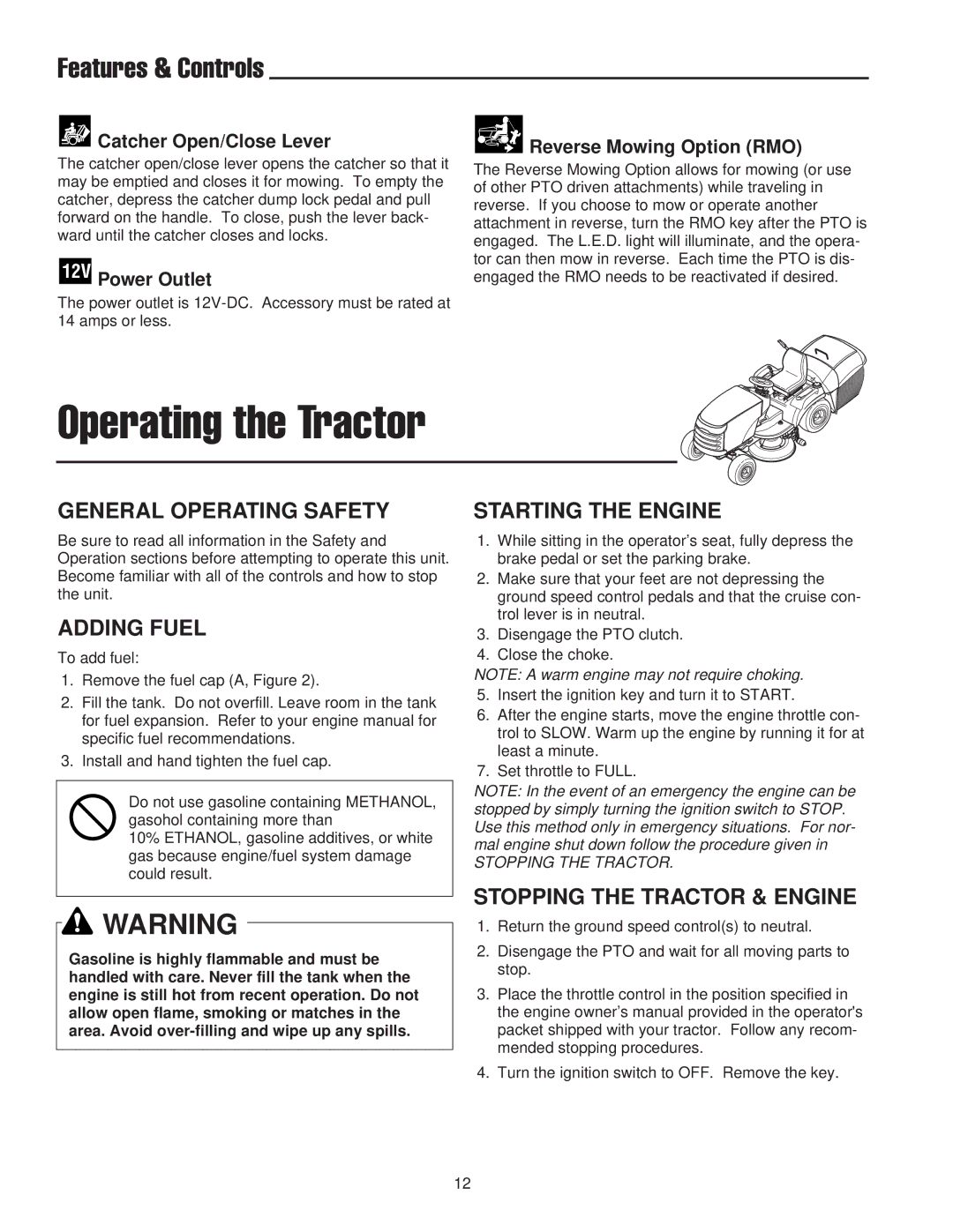 Snapper 2400 XL Series, RD Series manual General Operating Safety, Adding Fuel, Stopping the Tractor & Engine 
