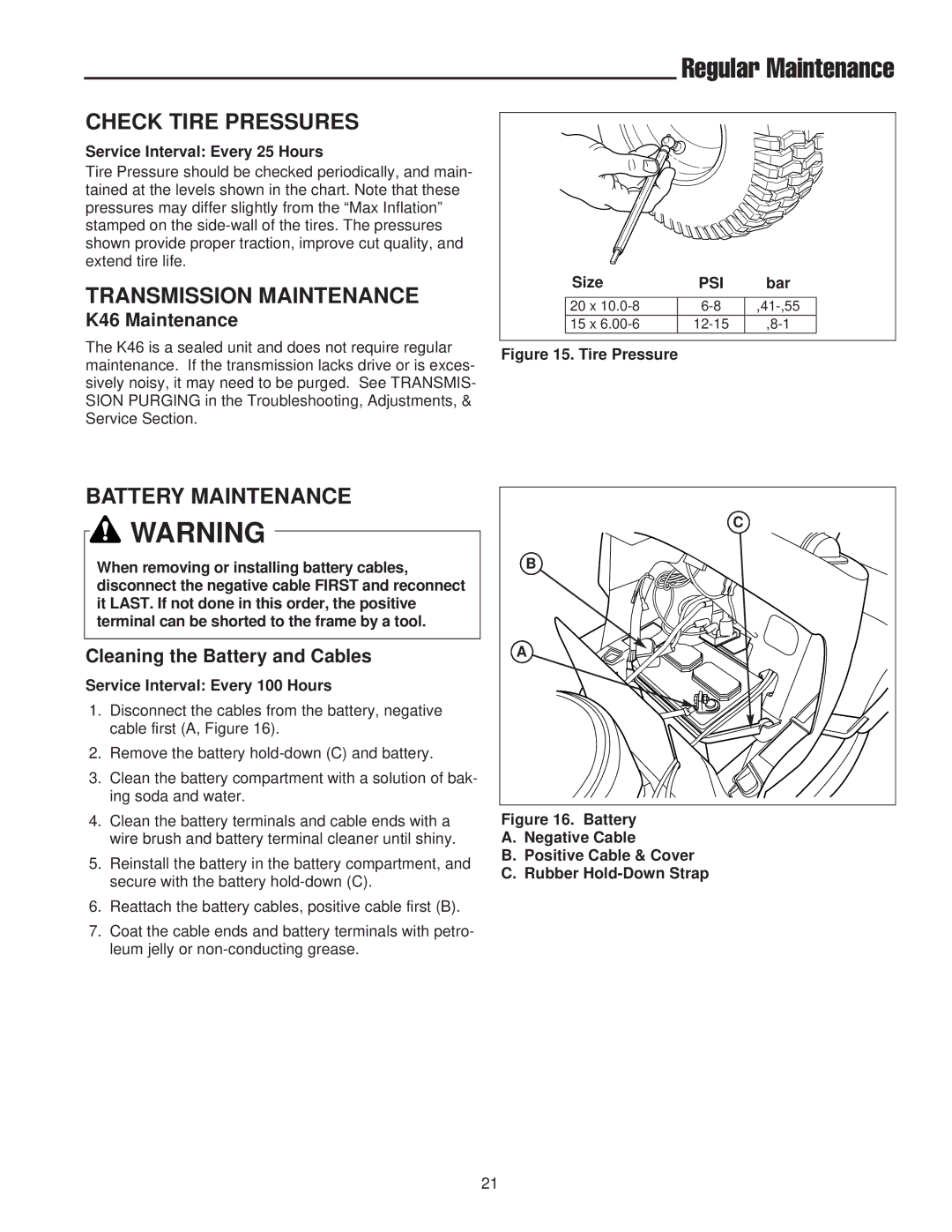 Snapper RD Series, 2400 XL Series Regular Maintenance, Check Tire Pressures, Transmission Maintenance, Battery Maintenance 