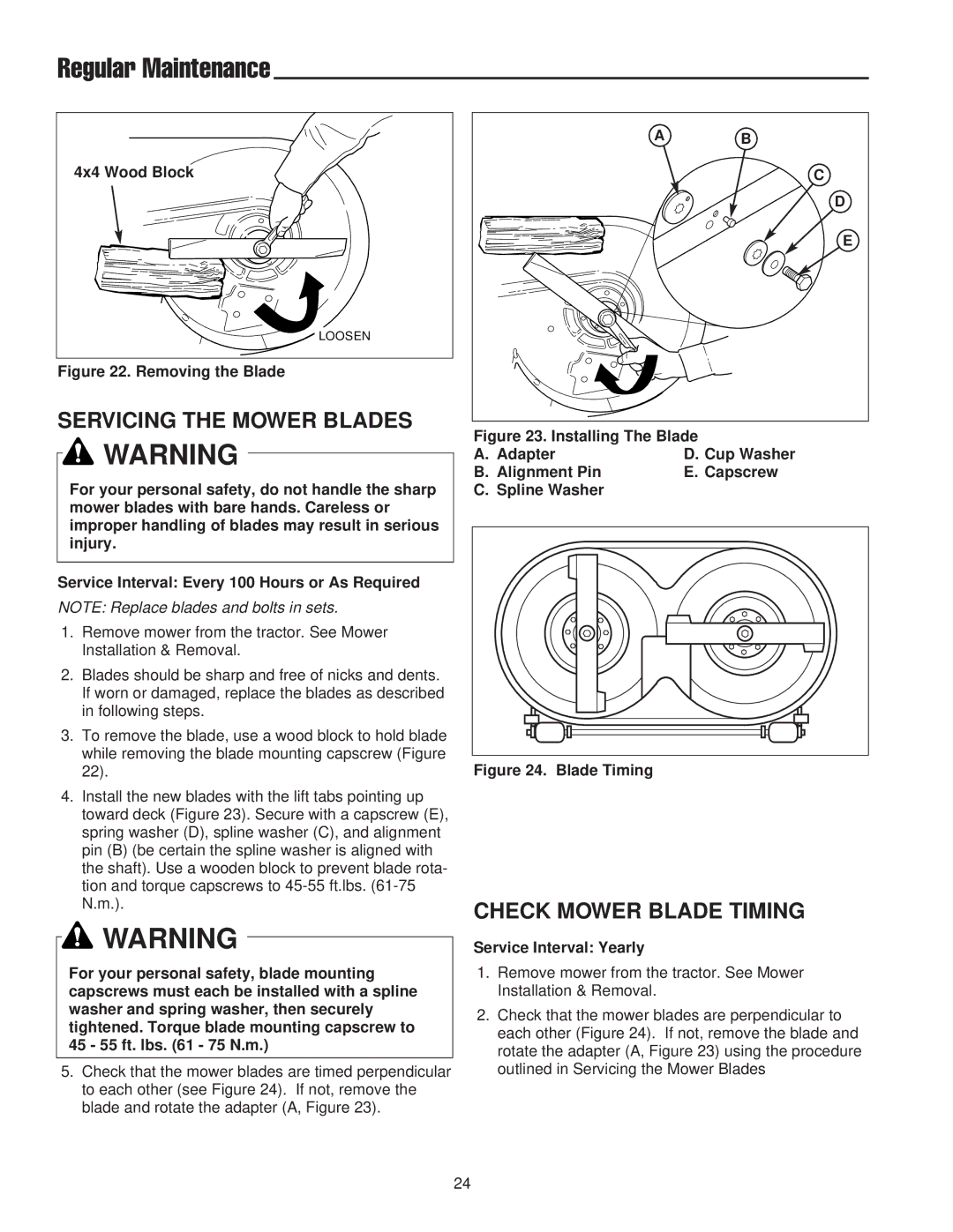 Snapper 2400 XL Series, RD Series manual Servicing the Mower Blades, Check Mower Blade Timing, 4x4 Wood Block 