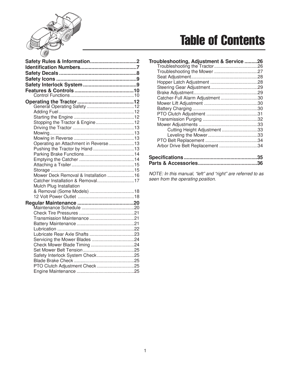 Snapper RD Series, 2400 XL Series manual Table of Contents 