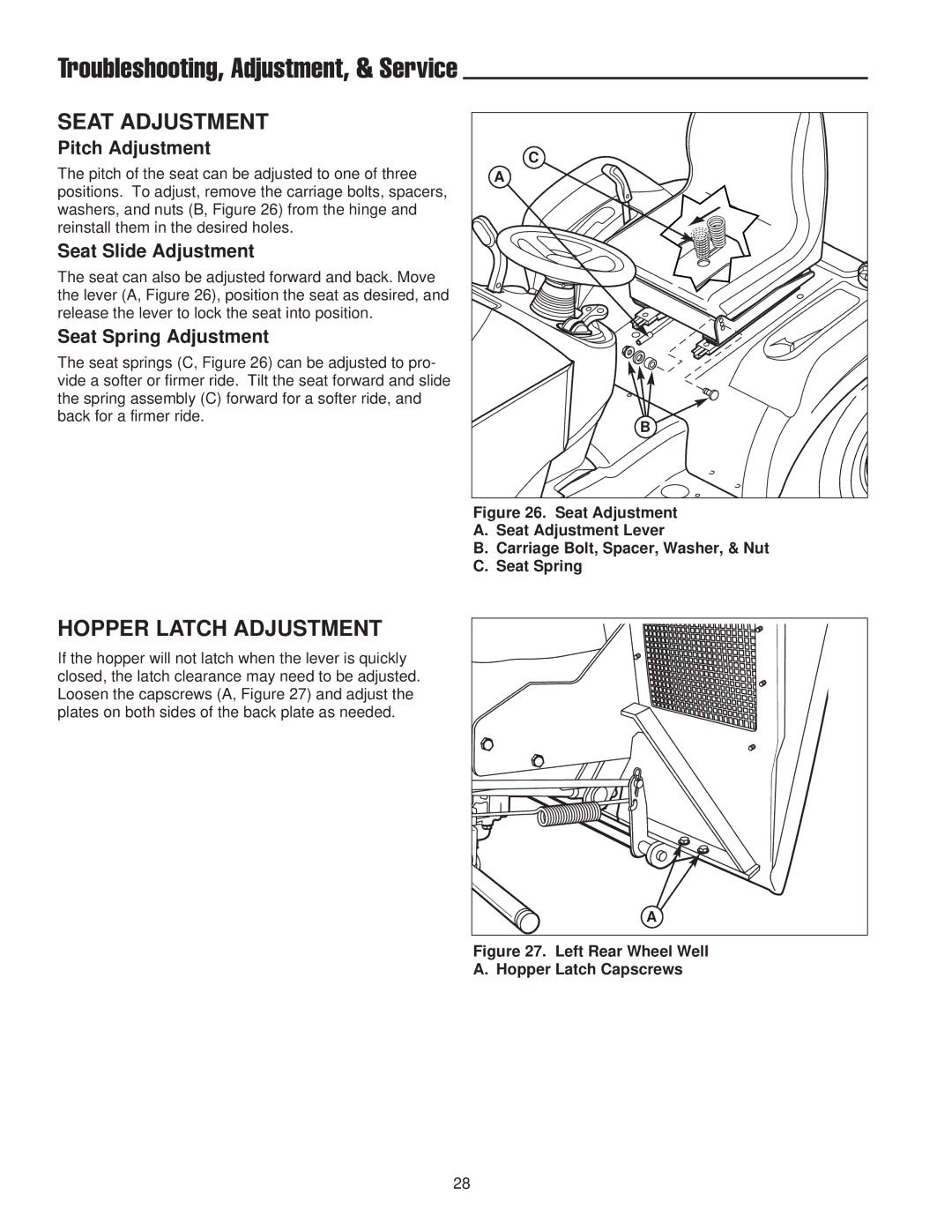 Snapper 2400 XL Series, RD Series manual Seat Adjustment, Hopper Latch Adjustment, Pitch Adjustment, Seat Slide Adjustment 