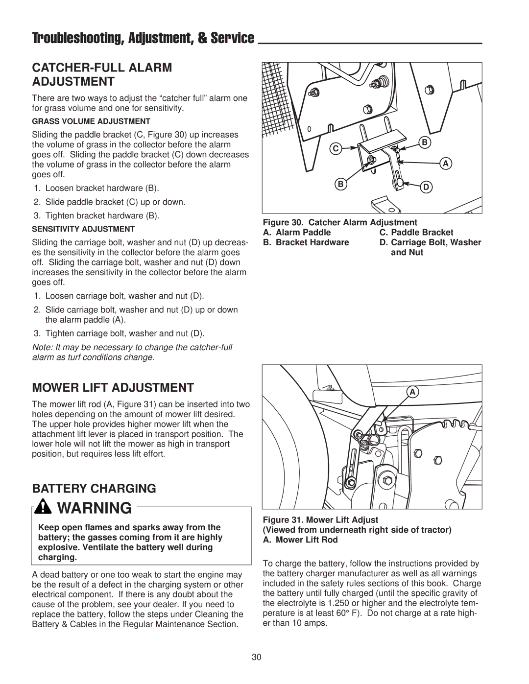 Snapper 2400 XL Series manual Troubleshooting, Adjustment, & Service, CATCHER-FULL Alarm Adjustment, Mower Lift Adjustment 