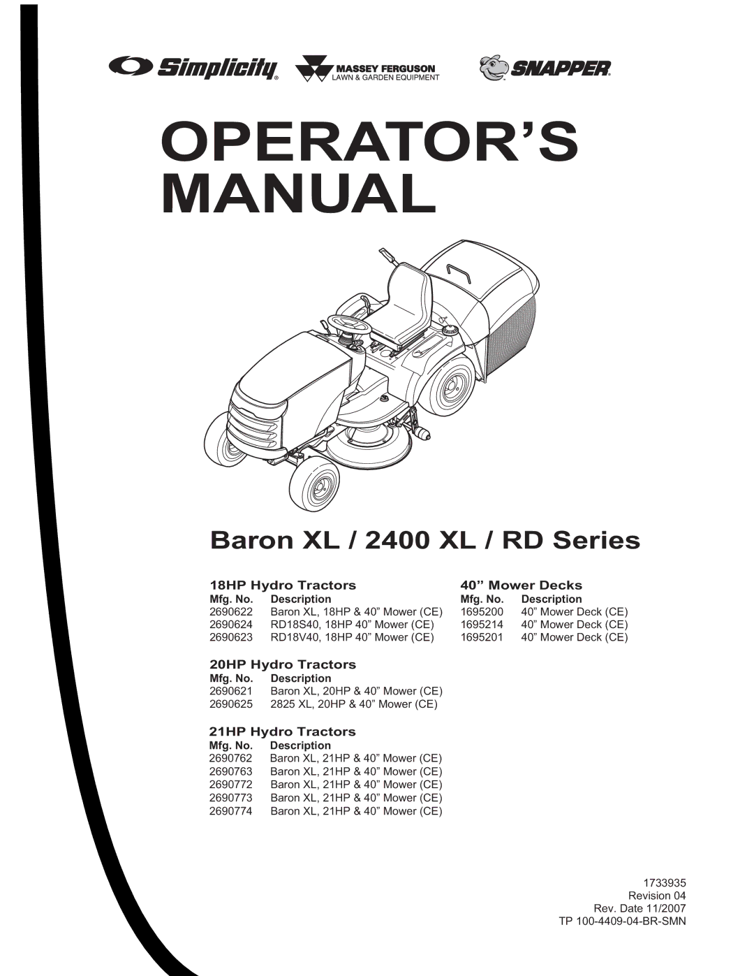 Snapper XL Series, 2400 XL Series, RD Series manual OPERATOR’S Manual 