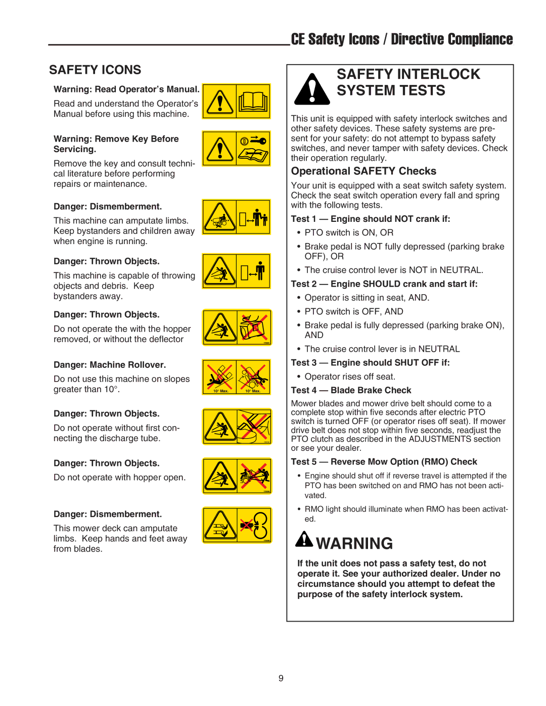 Snapper XL Series, 2400 XL Series, RD Series manual Safety Icons, Operational Safety Checks 