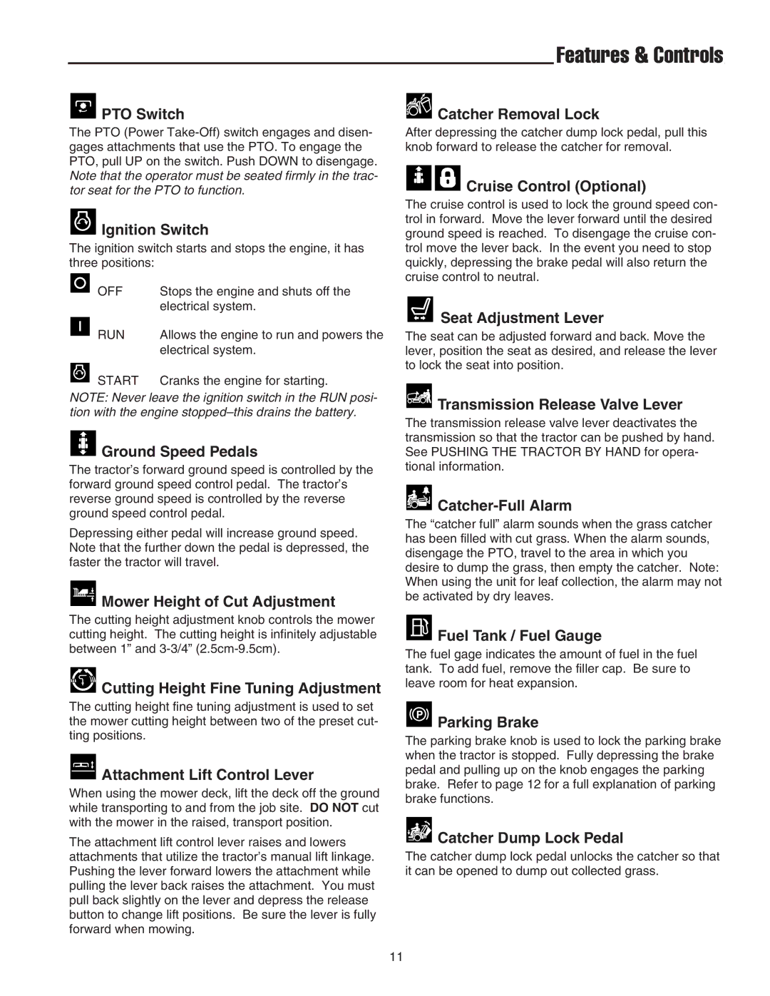 Snapper XL Series, 2400 XL Series, RD Series manual Features & Controls 