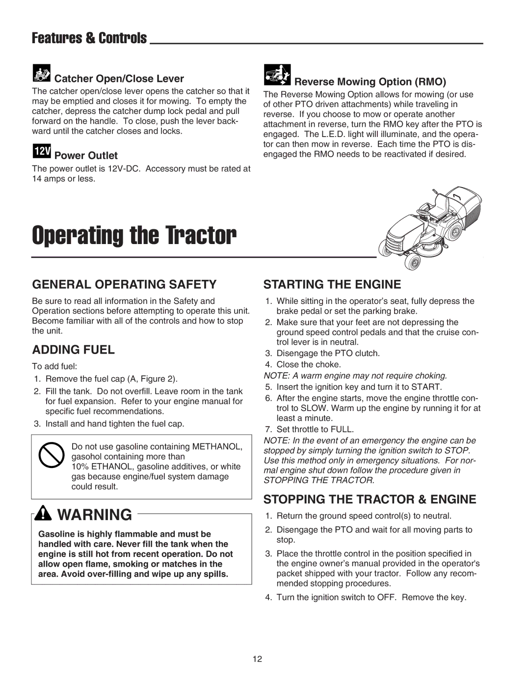 Snapper XL Series, 2400 XL Series, RD Series manual General Operating Safety, Adding Fuel, Stopping the Tractor & Engine 