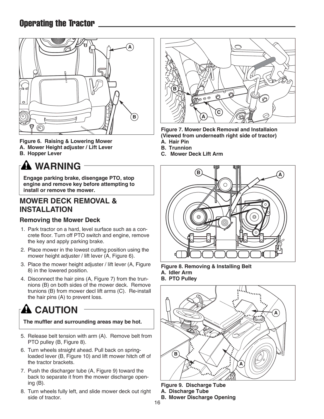 Snapper 2400 XL manual Mower Deck Removal Installation, Removing the Mower Deck, Muffler and surrounding areas may be hot 