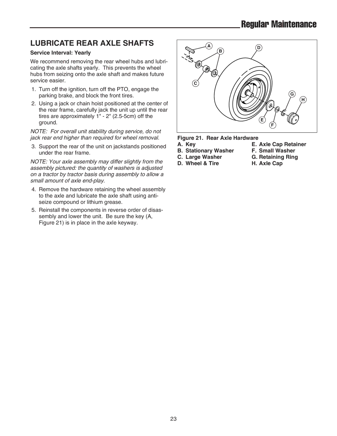 Snapper XL Series, 2400 XL Series, RD Series manual Lubricate Rear Axle Shafts, Service Interval Yearly 