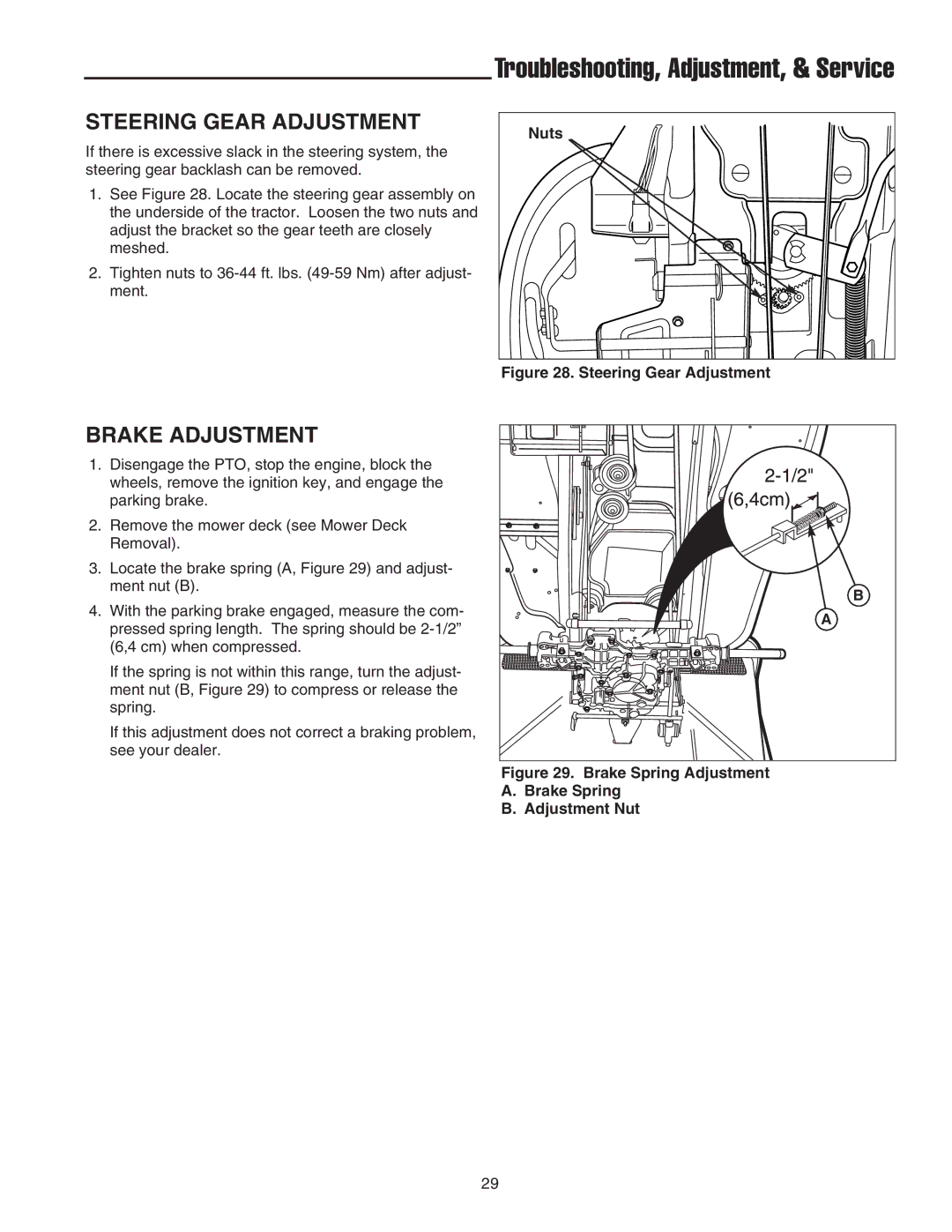 Snapper XL Series, 2400 XL Series, RD Series manual Steering Gear Adjustment, Brake Adjustment, Nuts, Brake Spring 