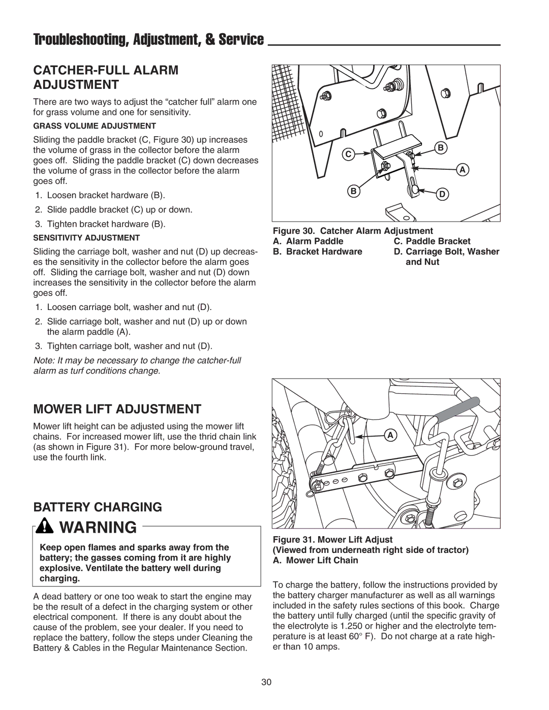 Snapper 2400 XL manual Troubleshooting, Adjustment, & Service, CATCHER-FULL Alarm Adjustment, Mower Lift Adjustment 