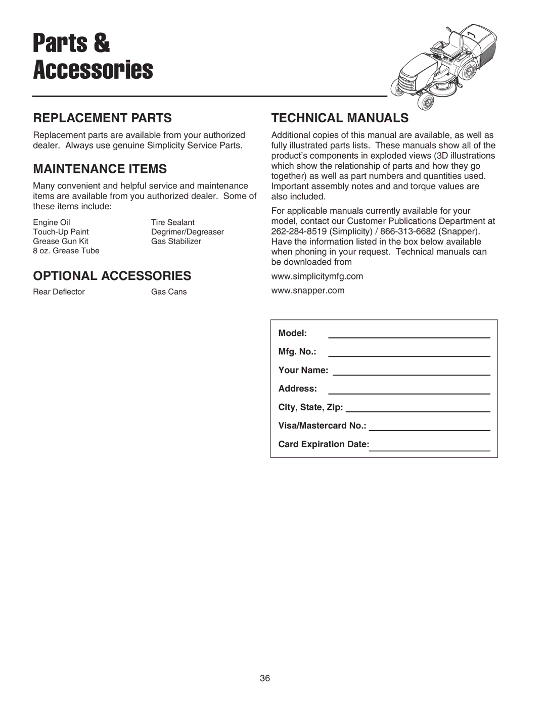 Snapper 2400 XL manual Replacement Parts, Maintenance Items, Technical Manuals, Optional Accessories 