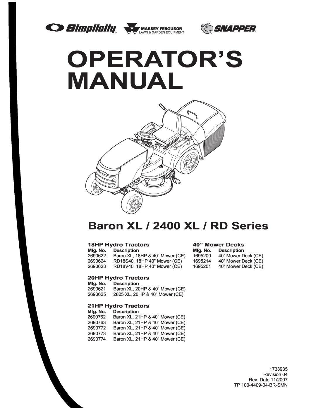 Snapper XL Series, 2400 XL Series, RD Series manual Operator’S Manual, Baron XL / 2400 XL / RD Series, 18HP Hydro Tractors 
