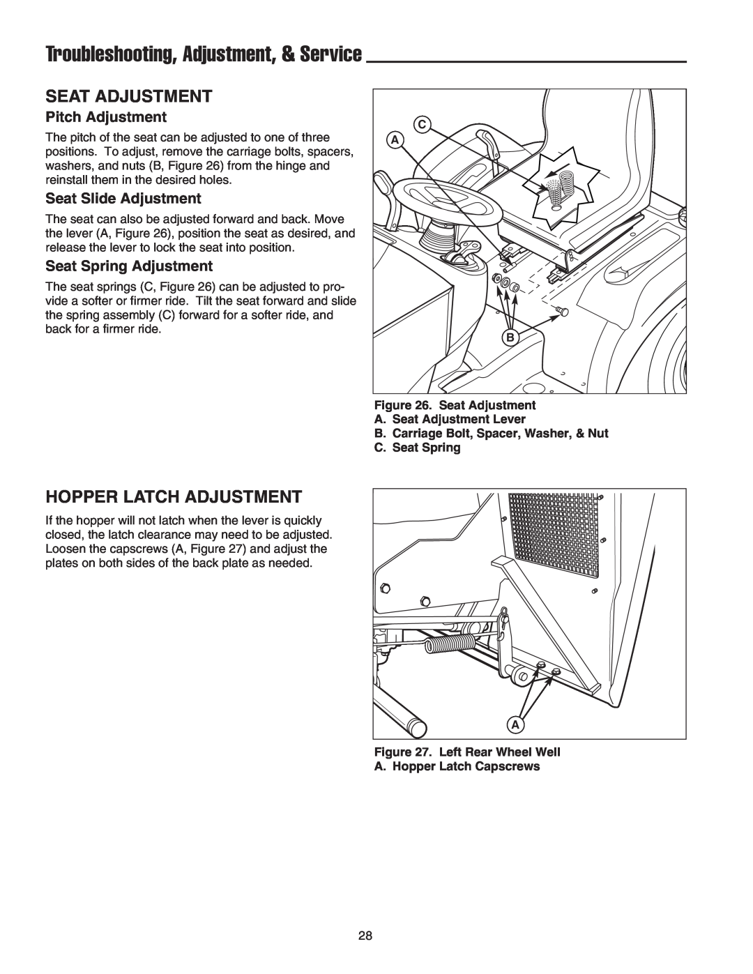 Snapper 2400 XL manual Seat Adjustment, Hopper Latch Adjustment, Troubleshooting, Adjustment, & Service 