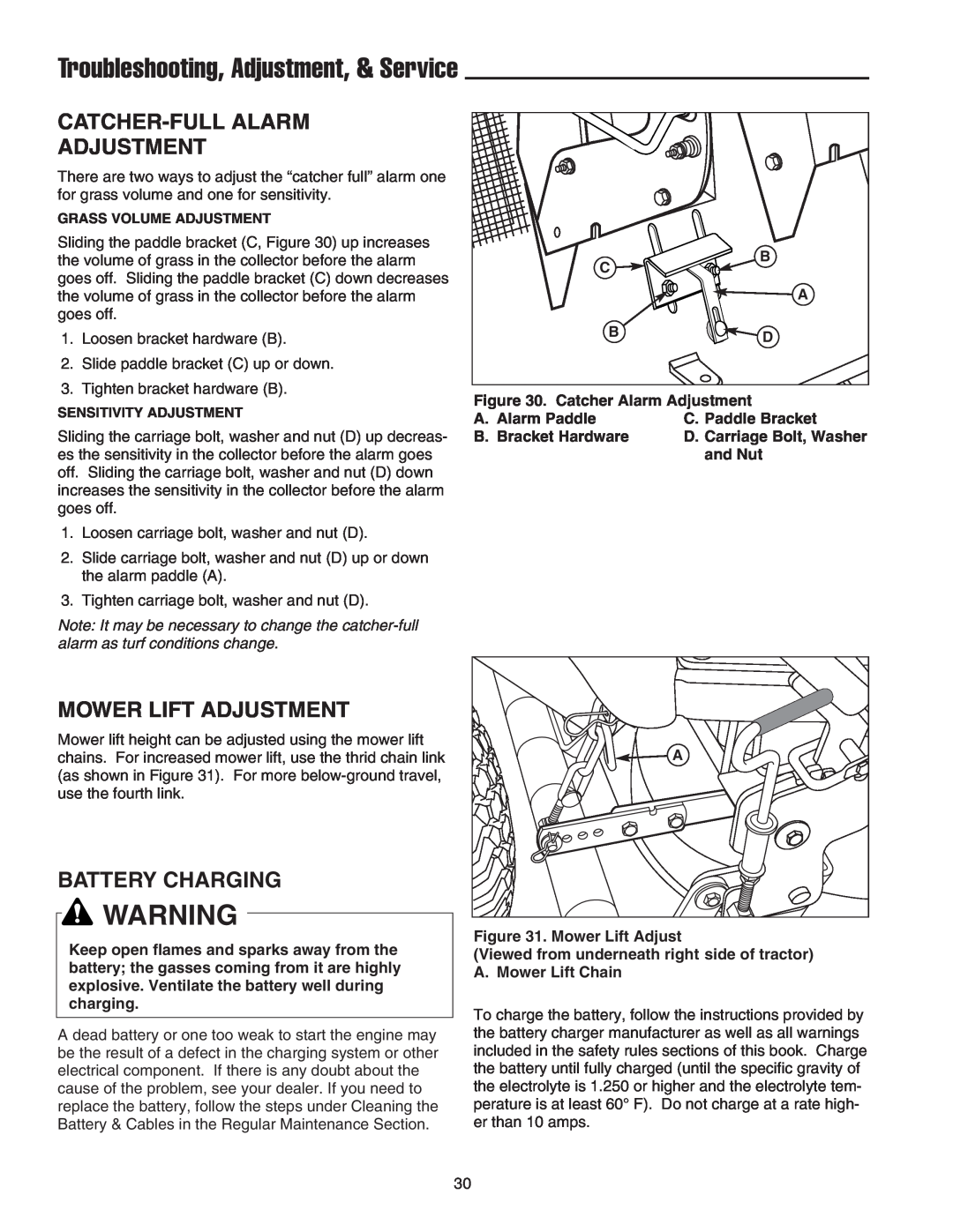 Snapper 2400 XL manual Troubleshooting, Adjustment, & Service, Catcher-Full Alarm Adjustment, Mower Lift Adjustment 