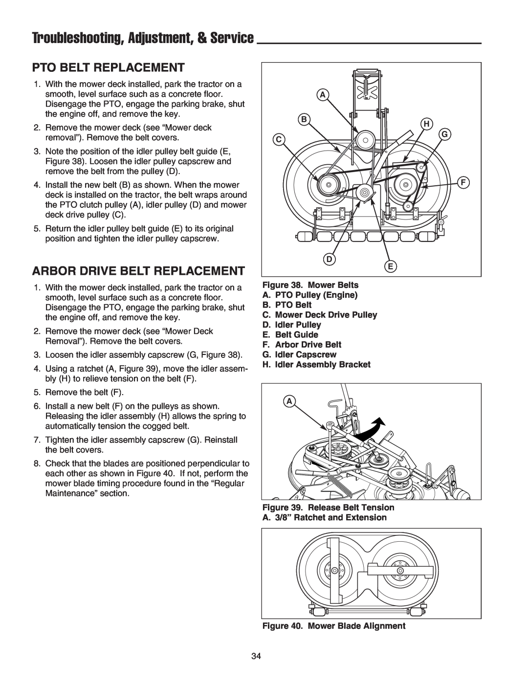 Snapper 2400 XL manual Pto Belt Replacement, Arbor Drive Belt Replacement, Troubleshooting, Adjustment, & Service 